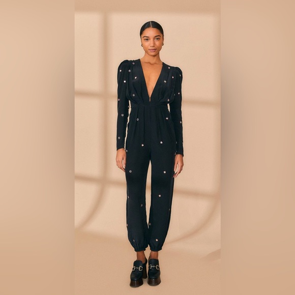NWT Farm Rio Black Jumpsuit Mirror Embroidered Beaded Details Long Sleeve Large